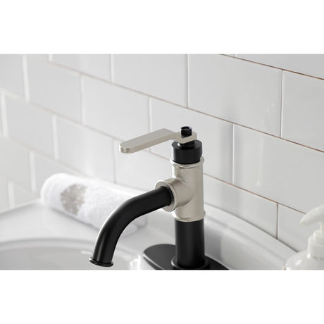 Whitaker KSD2826KL Single-Handle 1-Hole Deck Mount Bathroom Faucet with Push Pop-Up and Deck Plate, Matte Black/Polished Nickel