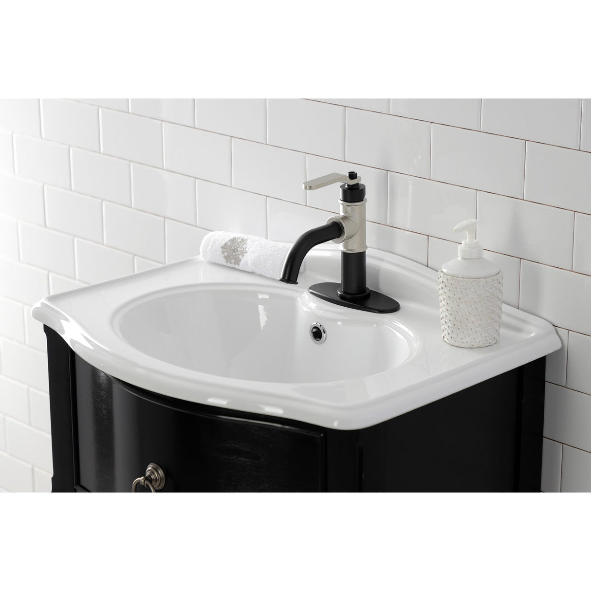 Whitaker KSD2826KL Single-Handle 1-Hole Deck Mount Bathroom Faucet with Push Pop-Up and Deck Plate, Matte Black/Polished Nickel