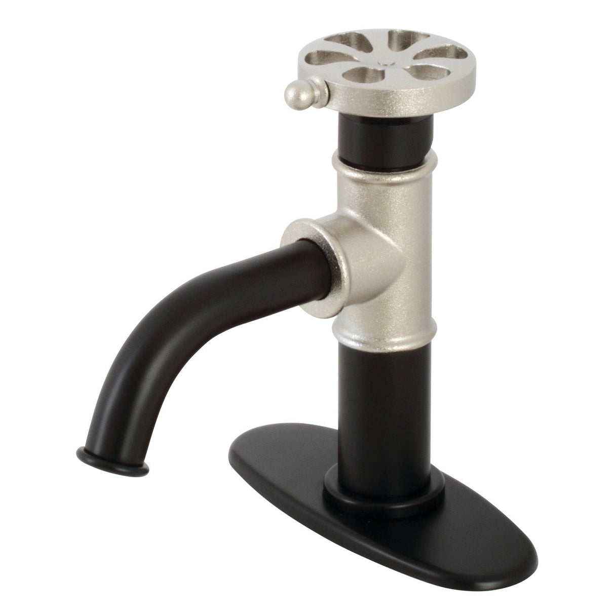 Belknap KSD2826RX Single-Handle 1-Hole Deck Mount Bathroom Faucet with Push Pop-Up and Deck Plate, Matte Black/Polished Nickel