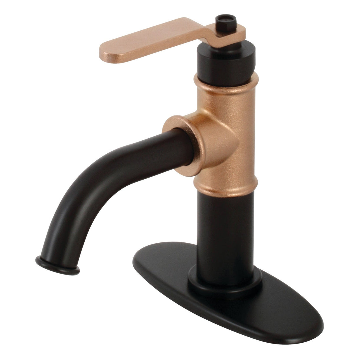 Whitaker KSD2827KL Single-Handle 1-Hole Deck Mount Bathroom Faucet with Push Pop-Up and Deck Plate, Matte Black/Rose Gold