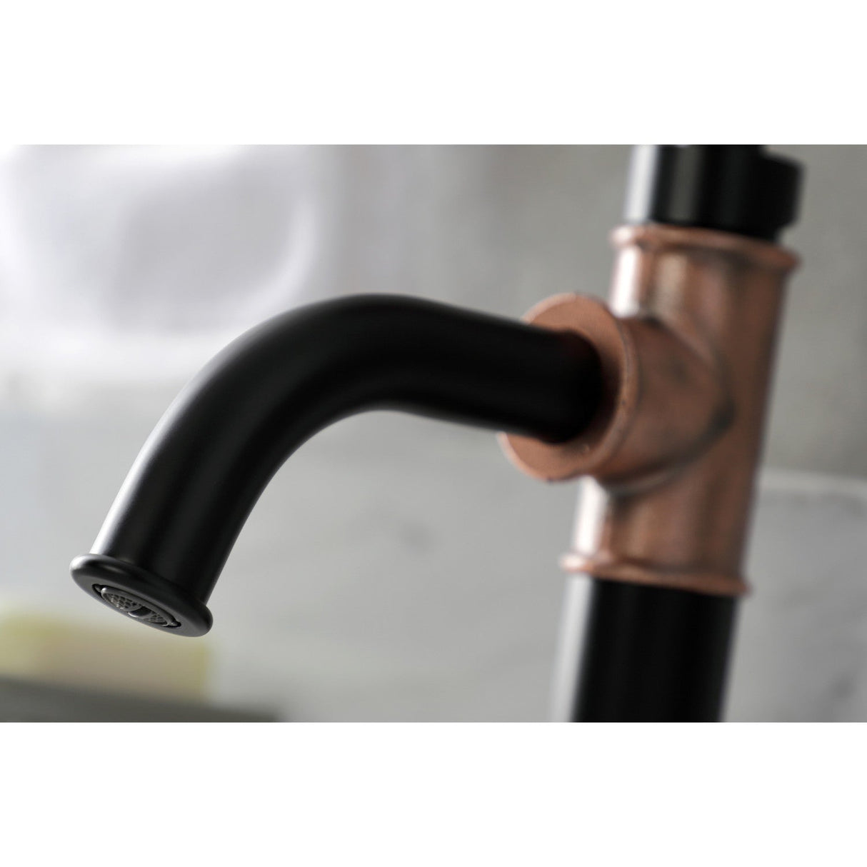 Whitaker KSD282KLAC Single-Handle 1-Hole Deck Mount Bathroom Faucet with Push Pop-Up and Deck Plate, Matte Black/Antique Copper