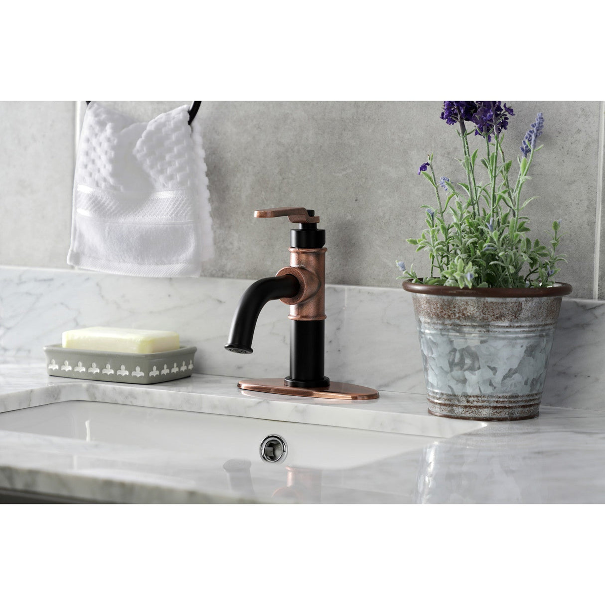 Whitaker KSD282KLAC Single-Handle 1-Hole Deck Mount Bathroom Faucet with Push Pop-Up and Deck Plate, Matte Black/Antique Copper