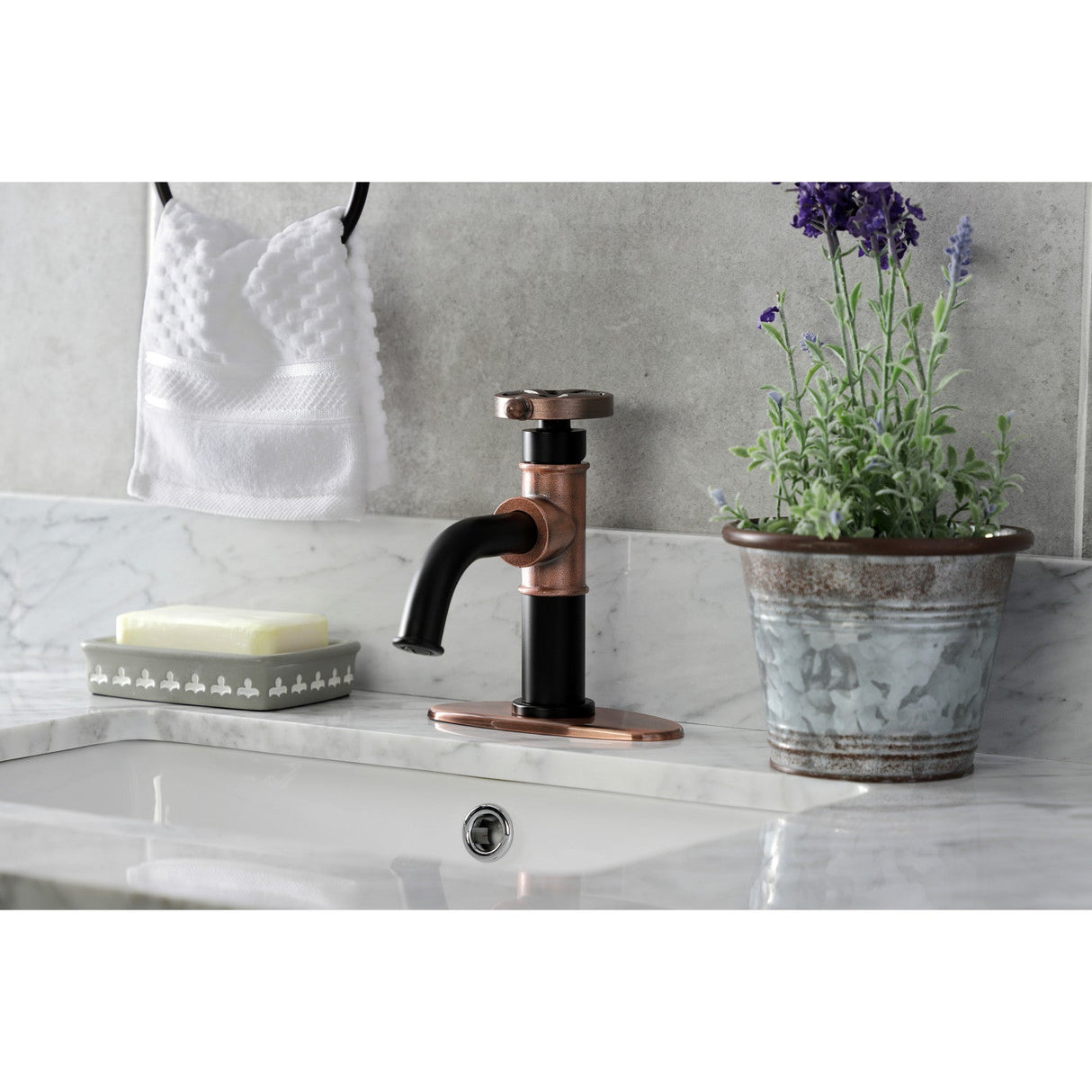 Belknap KSD282RXAC Single-Handle 1-Hole Deck Mount Bathroom Faucet with Push Pop-Up and Deck Plate, Matte Black/Antique Copper