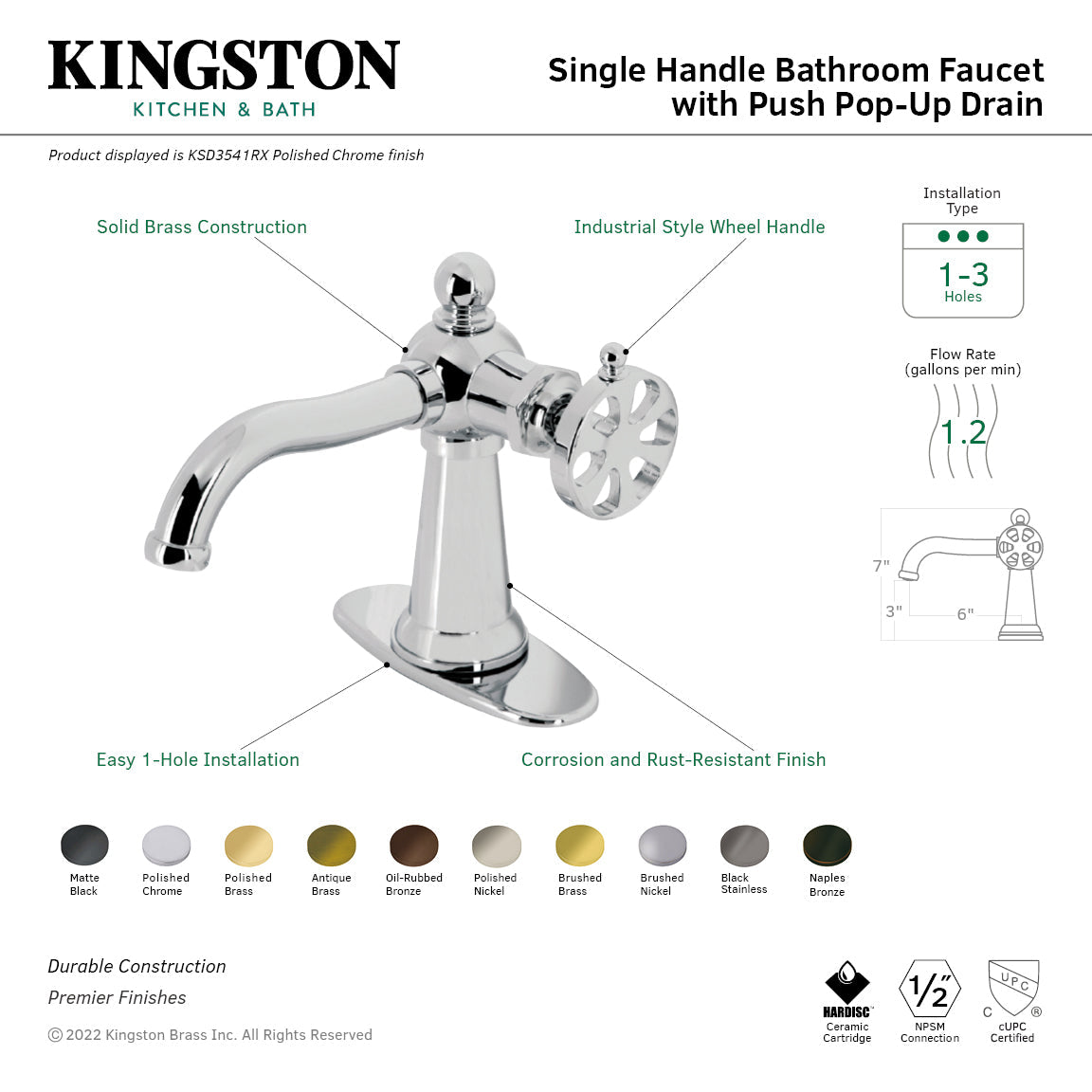 Belknap KSD3540RX Single-Handle 1-Hole Deck Mount Bathroom Faucet with Push Pop-Up and Deck Plate, Matte Black