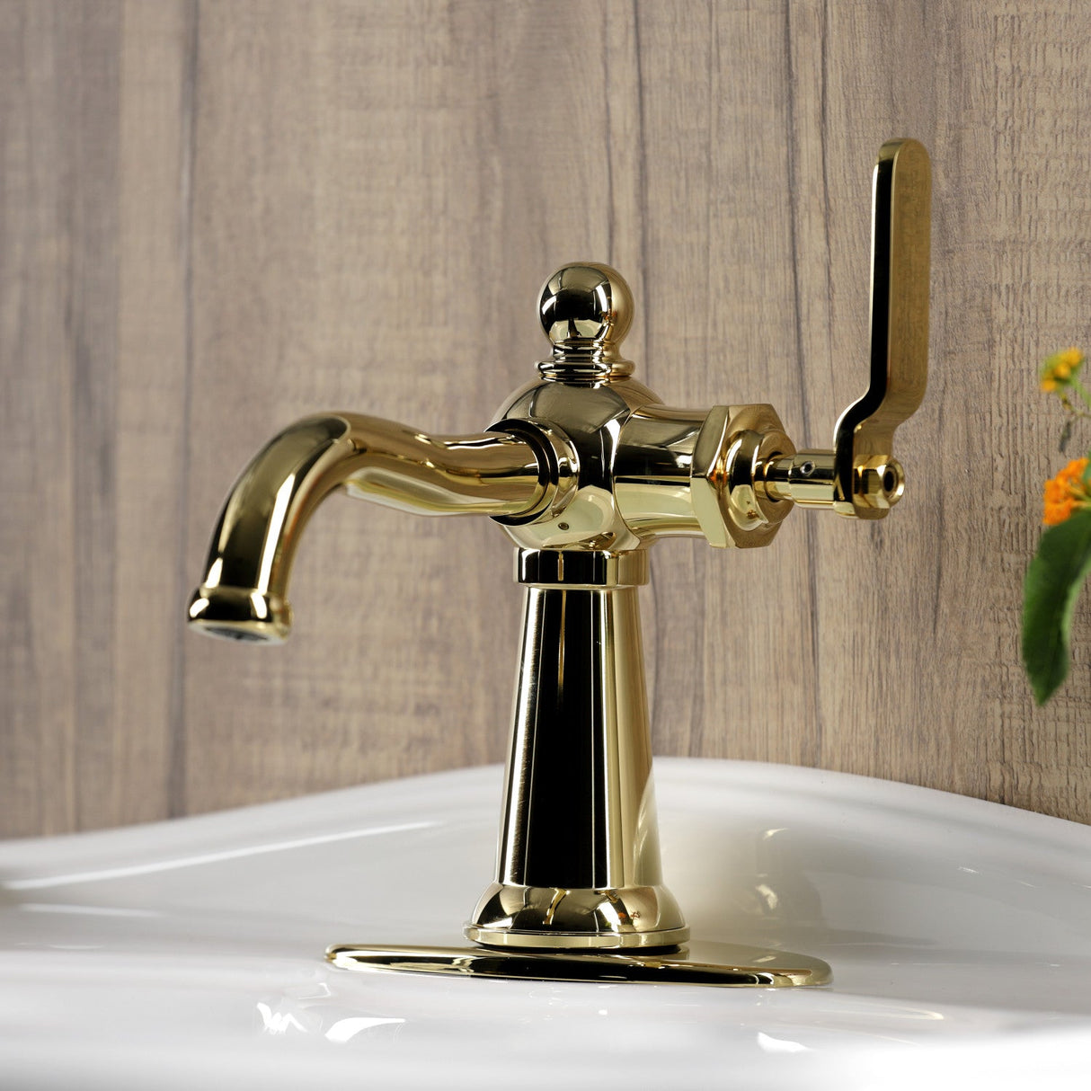 Knight KSD3542KL Single-Handle 1-Hole Deck Mount Bathroom Faucet with Push Pop-Up and Deck Plate, Polished Brass