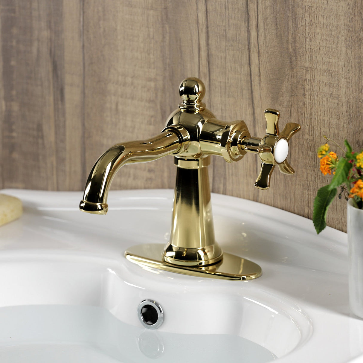 Hamilton KSD3542NX Single-Handle 1-Hole Deck Mount Bathroom Faucet with Push Pop-Up and Deck Plate, Polished Brass