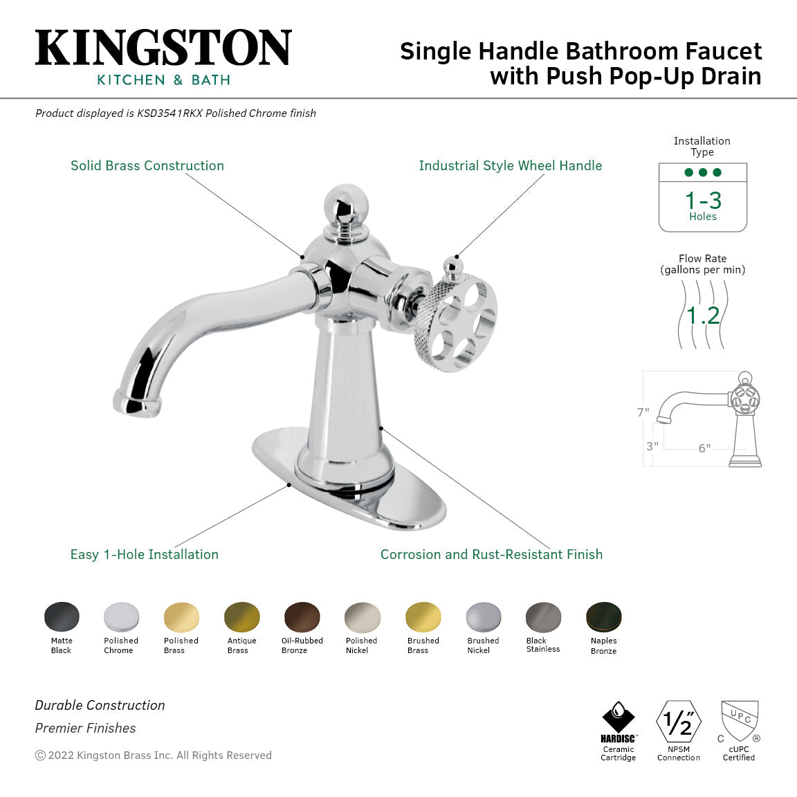 Webb KSD3542RKX Single-Handle 1-Hole Deck Mount Bathroom Faucet with Knurled Handle and Push Pop-Up Drain, Polished Brass