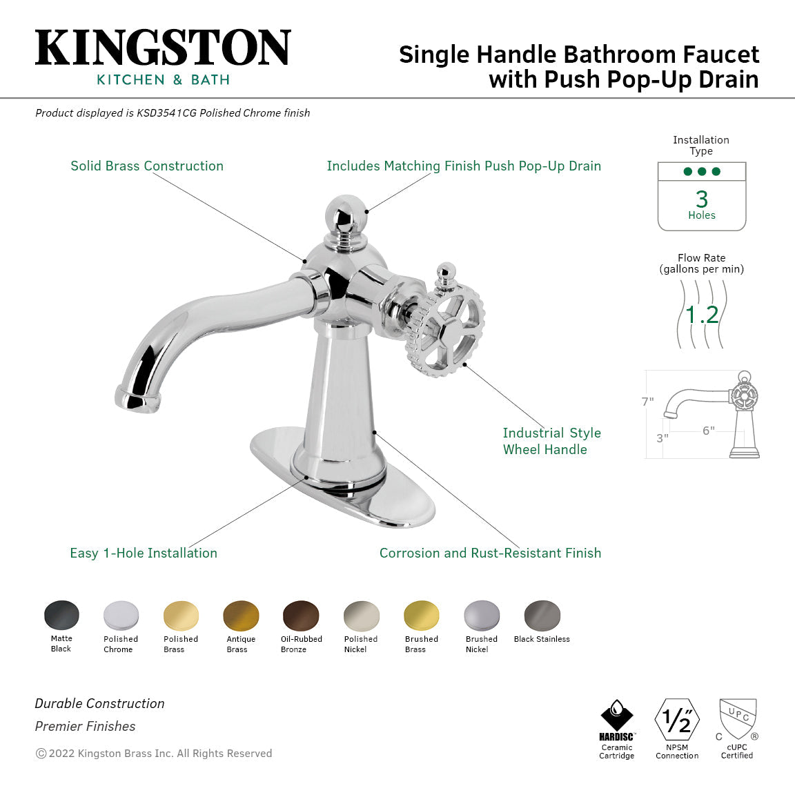Fuller KSD3543CG Single-Handle 1-Hole Deck Mount Bathroom Faucet with Push Pop-Up and Deck Plate, Antique Brass