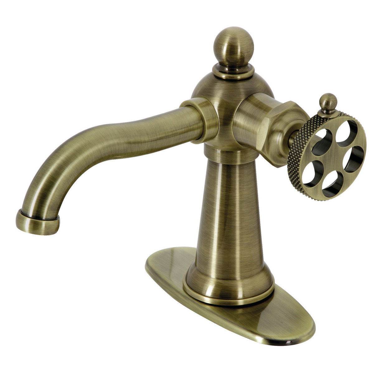 Webb KSD3543RKX Single-Handle 1-Hole Deck Mount Bathroom Faucet with Knurled Handle and Push Pop-Up Drain, Antique Brass