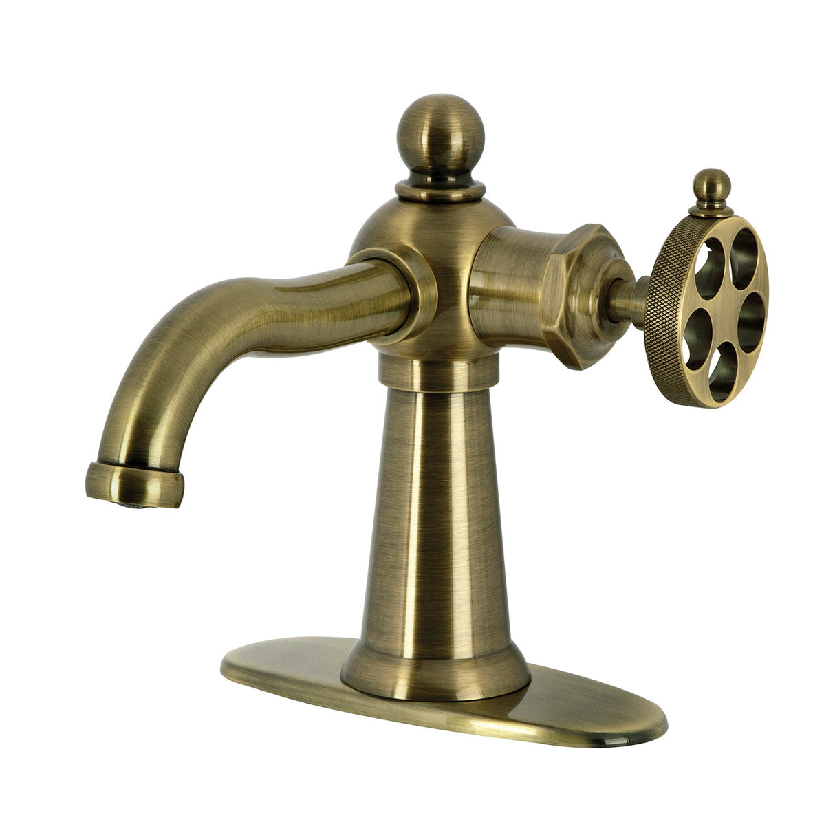 Wendell KSD3543RKZ Single-Handle 1-Hole Deck Mount Bathroom Faucet with Knurled Handle and Push Pop-Up Drain, Antique Brass
