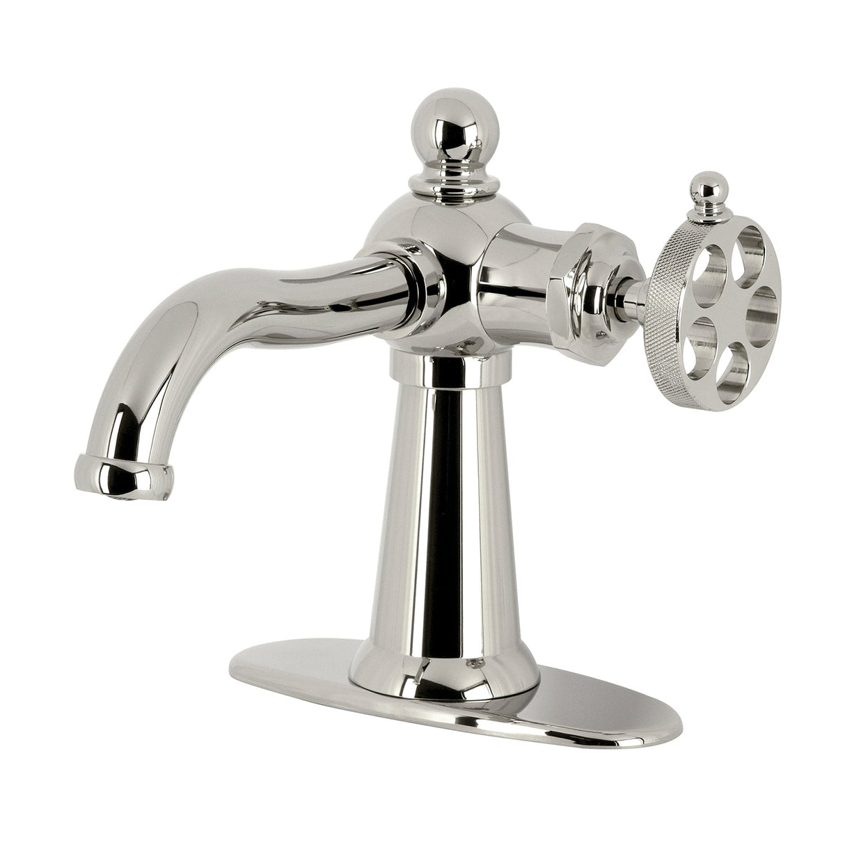 Wendell KSD3546RKZ Single-Handle 1-Hole Deck Mount Bathroom Faucet with Knurled Handle and Push Pop-Up Drain, Polished Nickel