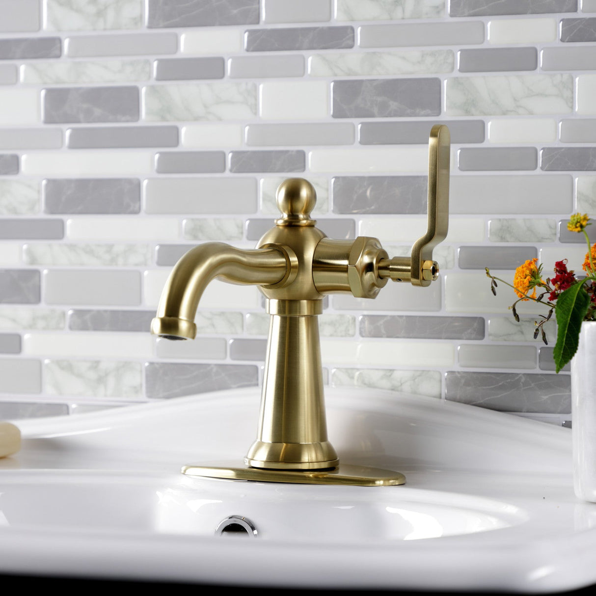Knight KSD3547KL Single-Handle 1-Hole Deck Mount Bathroom Faucet with Push Pop-Up and Deck Plate, Brushed Brass