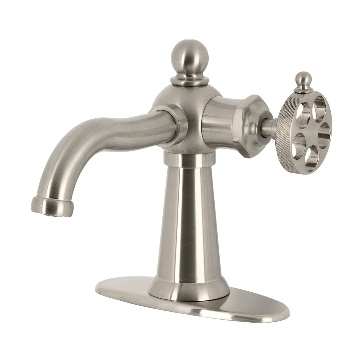 Wendell KSD3548RKZ Single-Handle 1-Hole Deck Mount Bathroom Faucet with Knurled Handle and Push Pop-Up Drain, Brushed Nickel