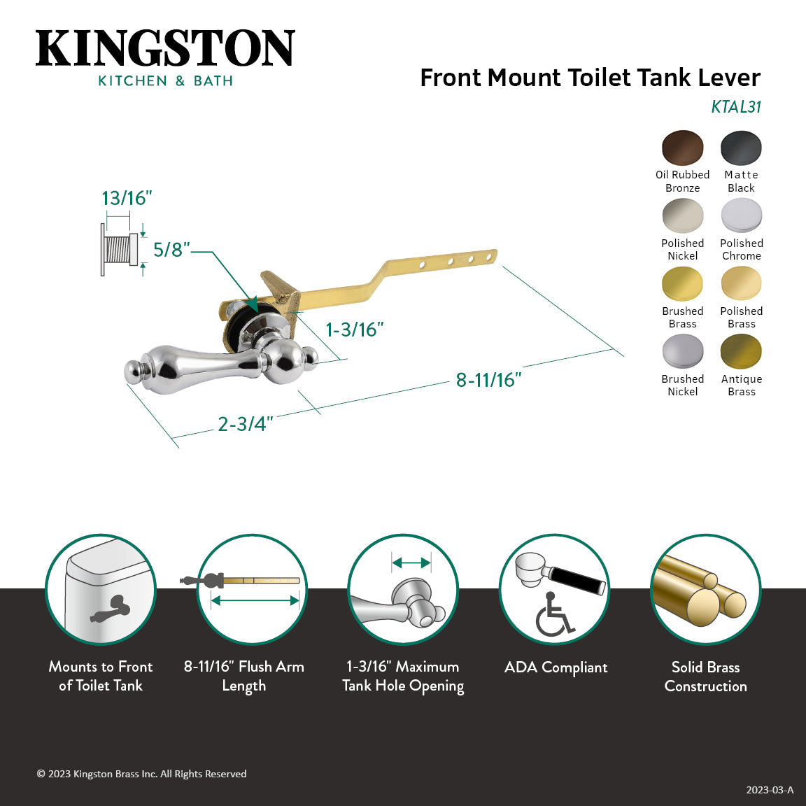 Restoration KTAL37 Front Mount Toilet Tank Lever, Brushed Brass