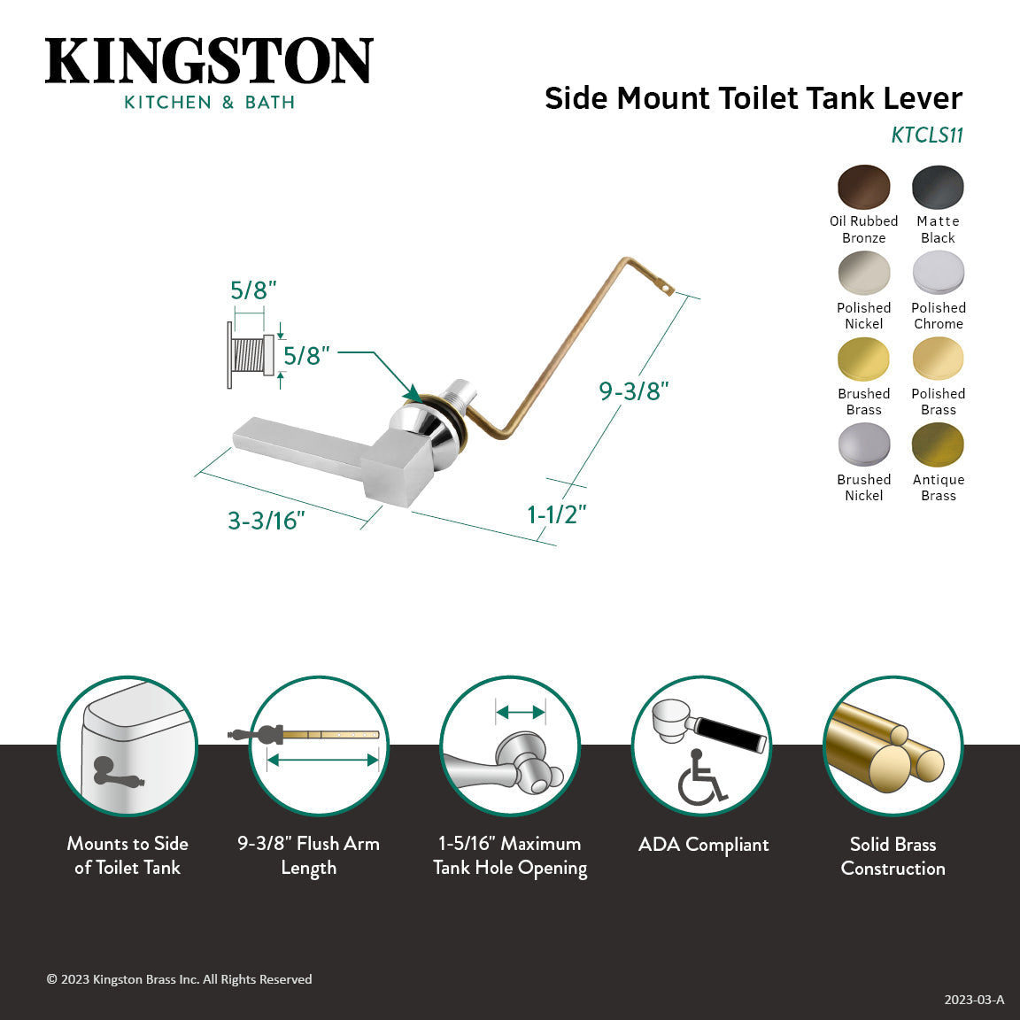 Claremont KTCLS16 Side Mount Toilet Tank Lever, Polished Nickel