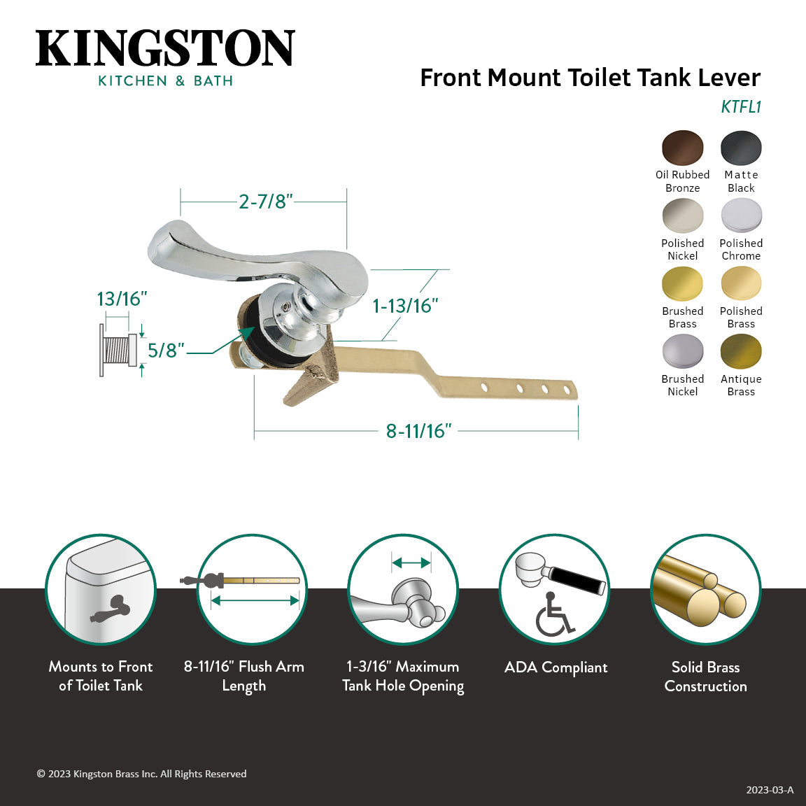 French KTFL3 Front Mount Toilet Tank Lever, Antique Brass