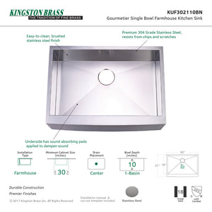 Denver KUF302110BN 30-Inch Stainless Steel Apron-Front Single Bowl Farmhouse Kitchen Sink, Brushed