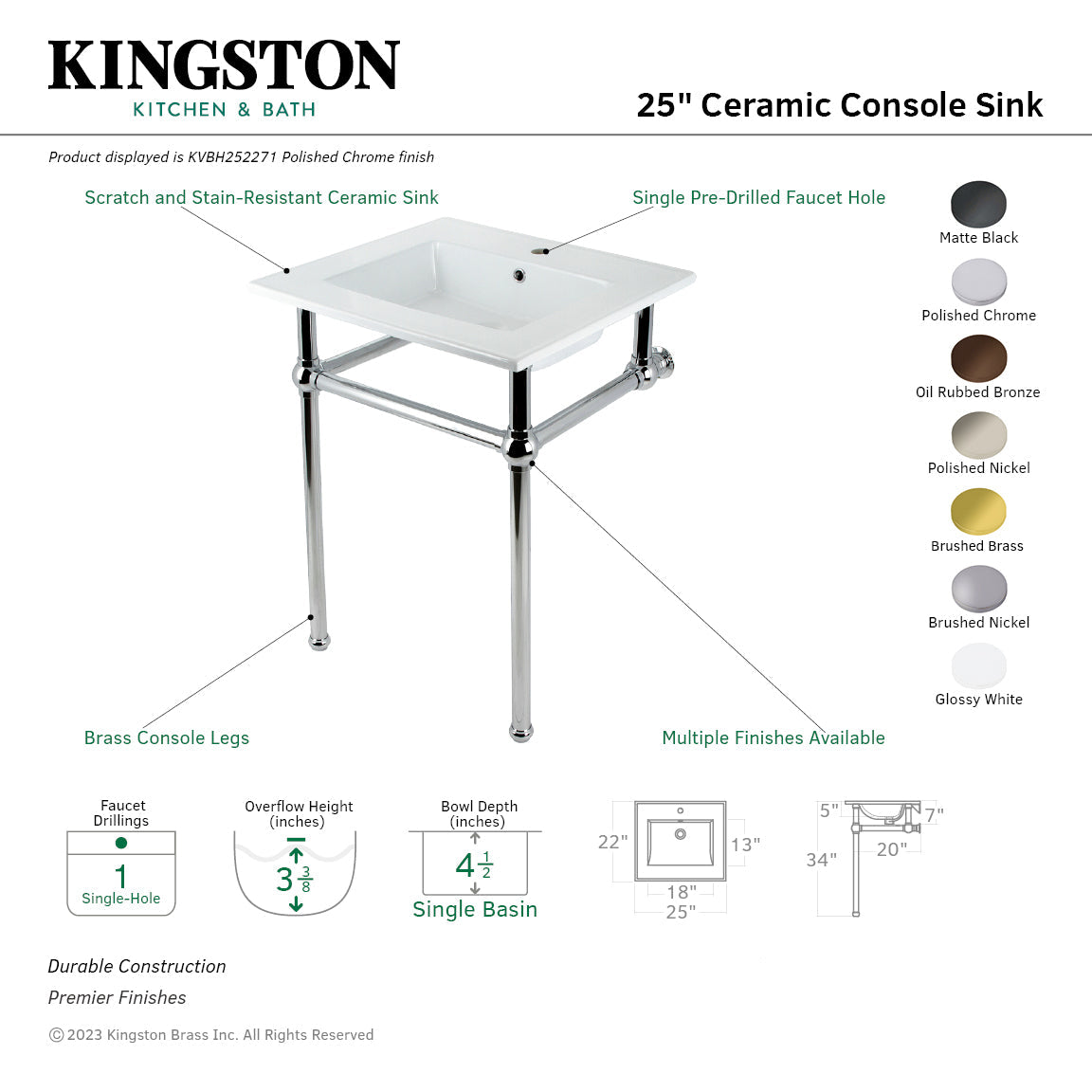 Fauceture KVBH252271 25-Inch Console Sink with Brass Legs (Single Faucet Hole), White/Polished Chrome