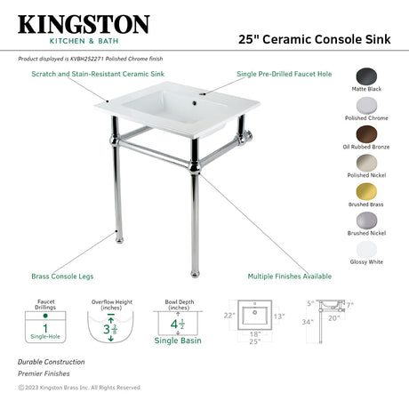 Fauceture KVBH252271 25-Inch Console Sink with Brass Legs (Single Faucet Hole), White/Polished Chrome