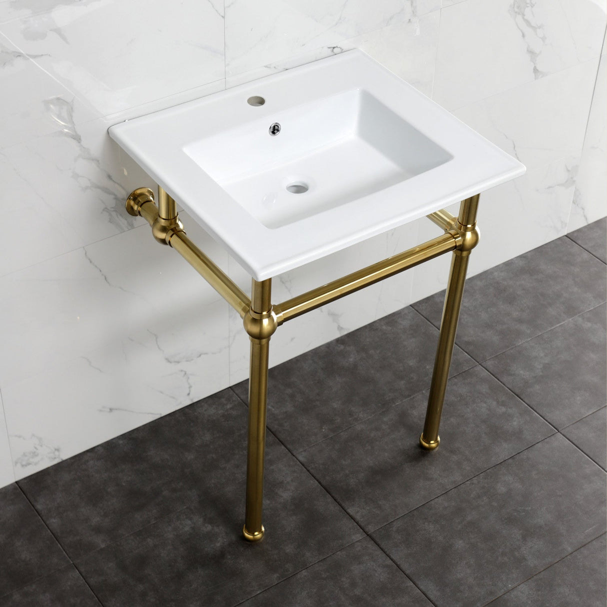 Fauceture KVBH252277 25-Inch Console Sink with Brass Legs (Single Faucet Hole), White/Brushed Brass