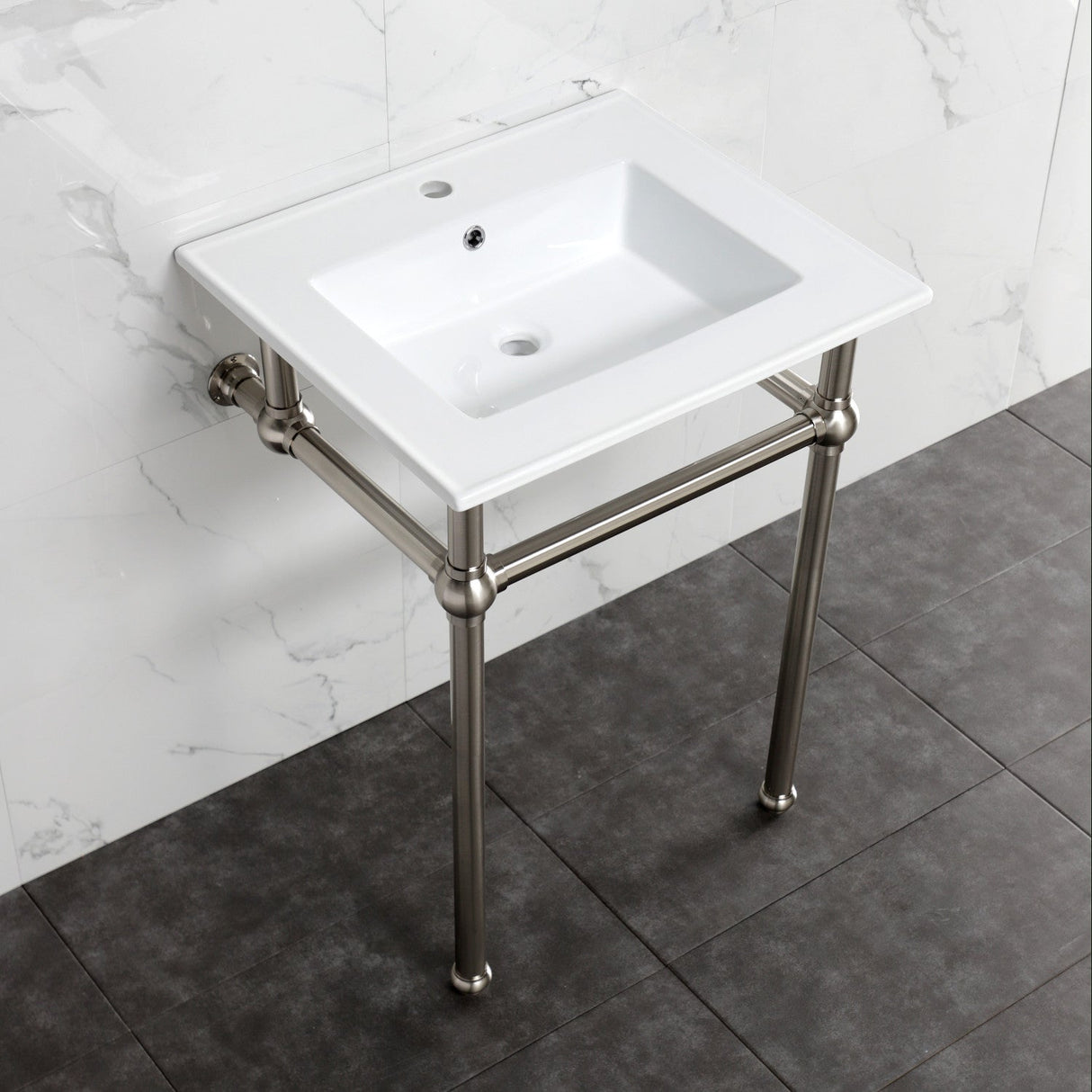 Fauceture KVBH252278 25-Inch Console Sink with Brass Legs (Single Faucet Hole), White/Brushed Nickel