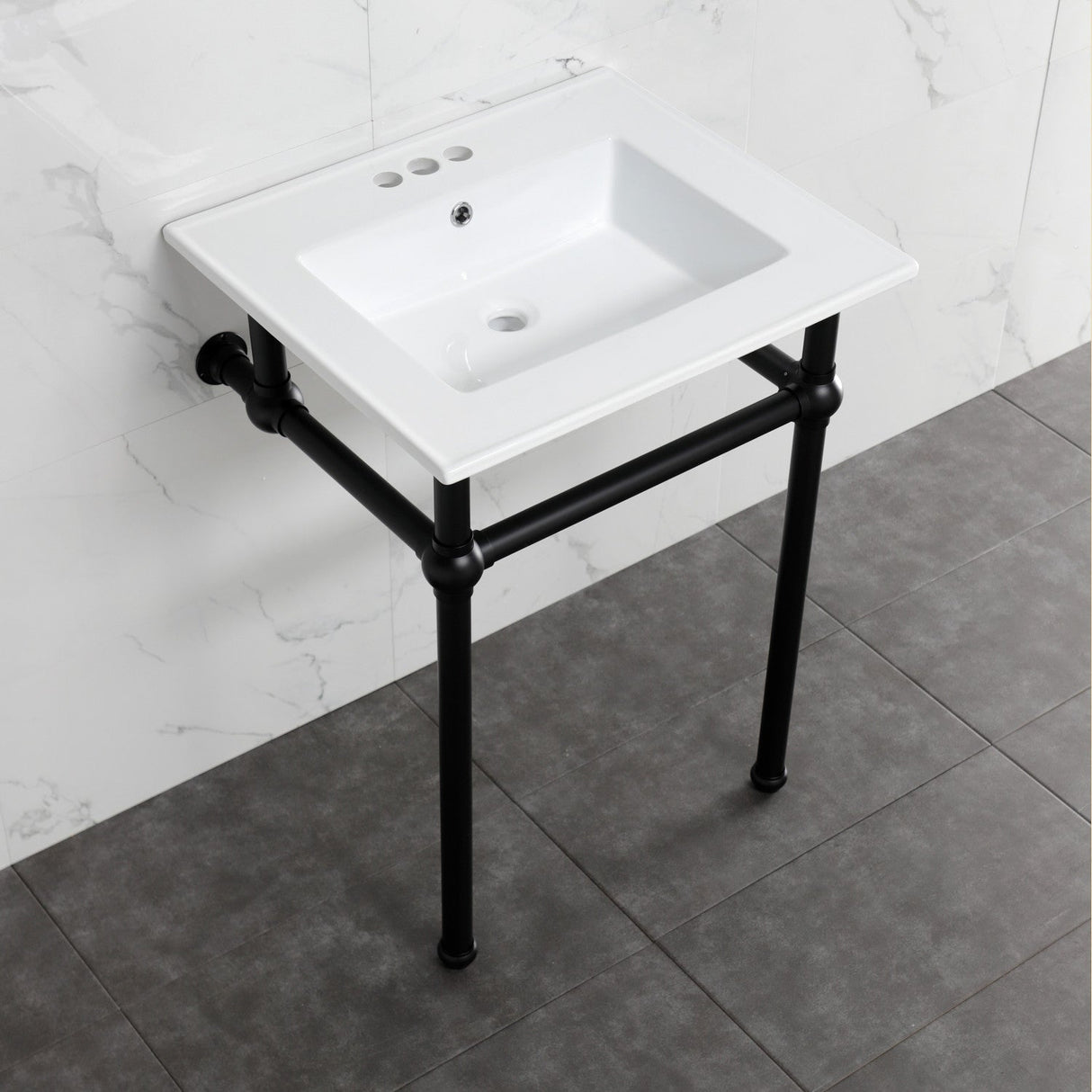 Fauceture KVBH25227W4B0 25-Inch Console Sink with Brass Legs (4-Inch, 3 Hole), White/Matte Black