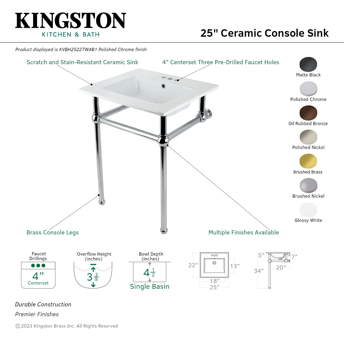 Fauceture KVBH25227W4B1 25-Inch Console Sink with Brass Legs (4-Inch, 3 Hole), White/Polished Chrome