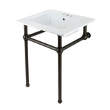 Fauceture KVBH25227W4B5 25-Inch Console Sink with Brass Legs (4-Inch, 3 Hole), White/Oil Rubbed Bronze