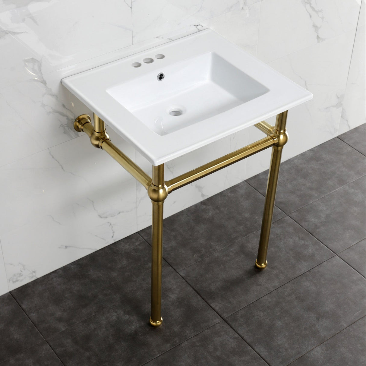 Fauceture KVBH25227W4B7 25-Inch Console Sink with Brass Legs (4-Inch, 3 Hole), White/Brushed Brass