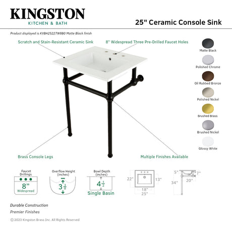 Fauceture KVBH25227W8B5 25-Inch Console Sink with Brass Legs (8-Inch, 3 Hole), White/Oil Rubbed Bronze