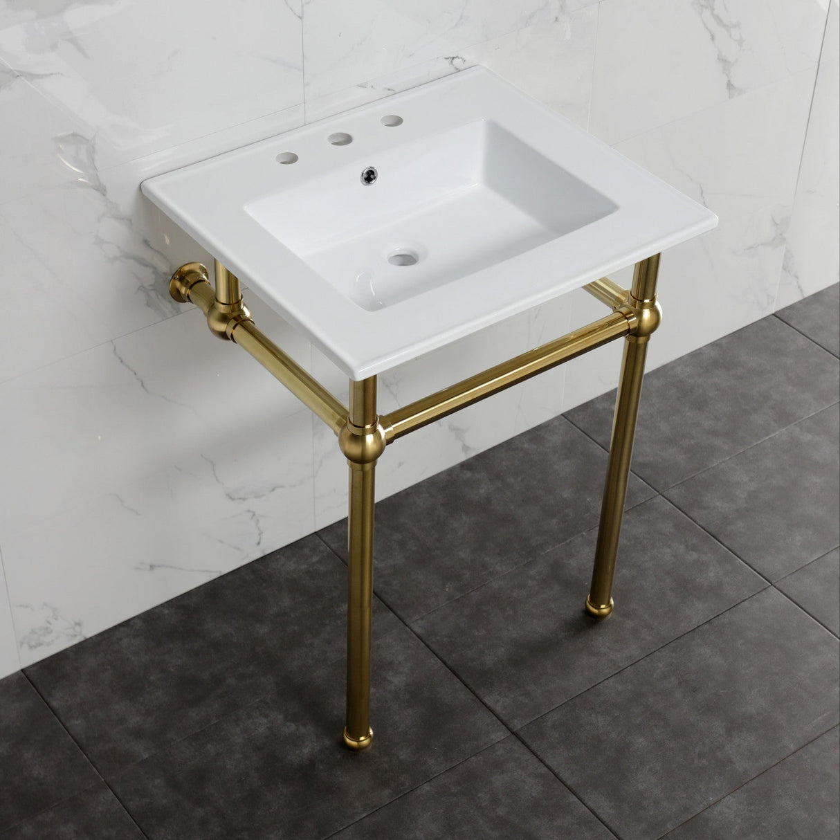 Fauceture KVBH25227W8B7 25-Inch Console Sink with Brass Legs (8-Inch, 3 Hole), White/Brushed Brass