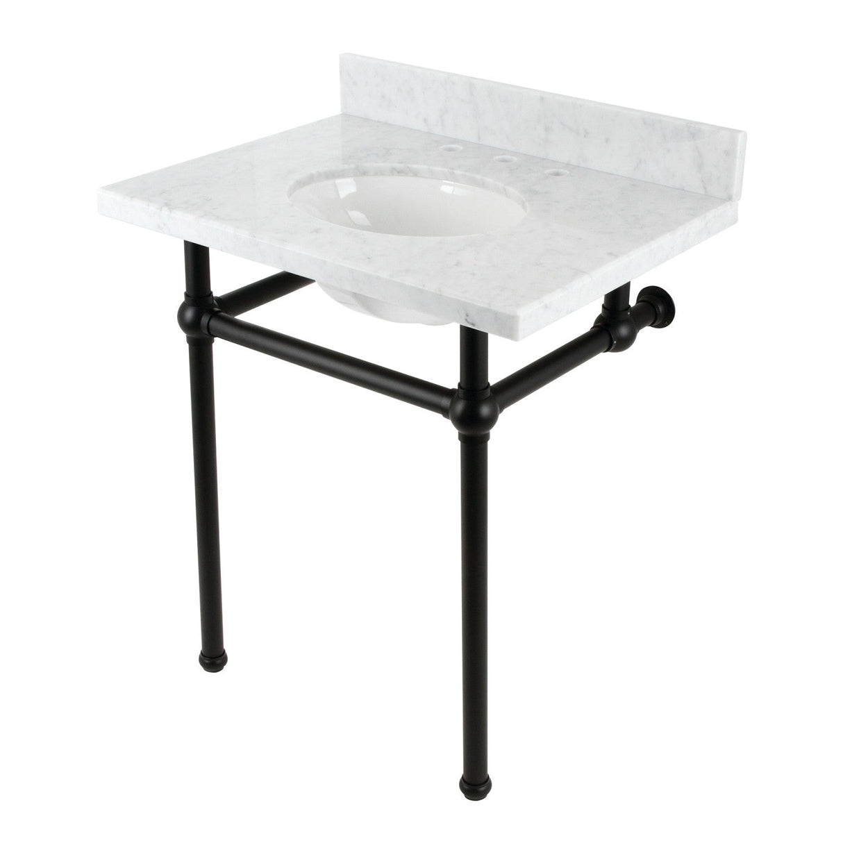 Fauceture KVBH3022M80 30-Inch Console Sink with Brass Legs (8-Inch, 3 Hole), Marble White/Matte Black