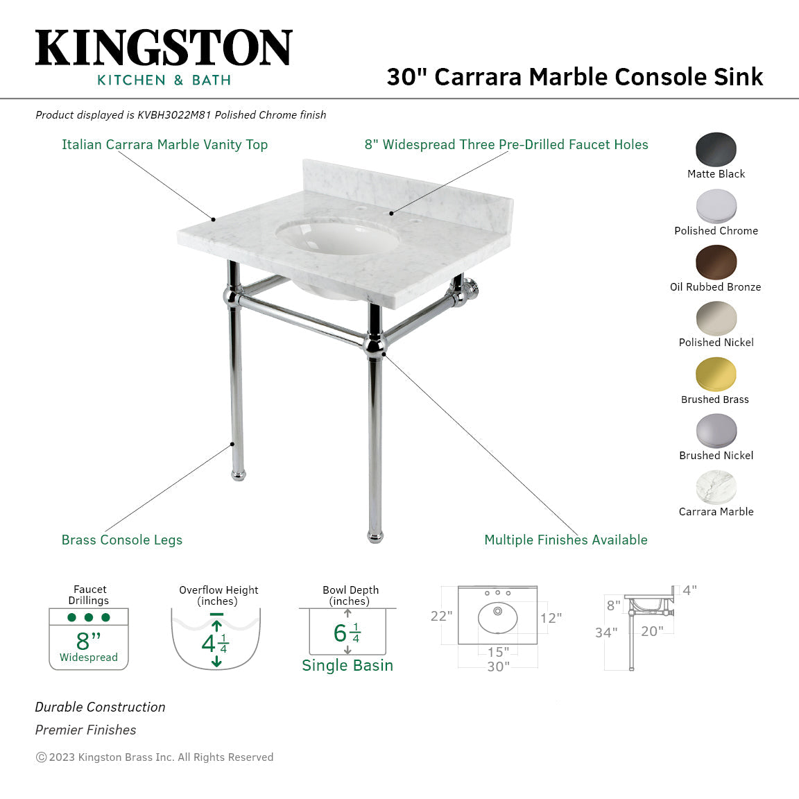 Fauceture KVBH3022M86 30-Inch Console Sink with Brass Legs (8-Inch, 3 Hole), Marble White/Polished Nickel