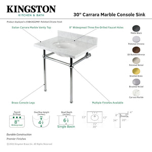 Fauceture KVBH3022M87 30-Inch Console Sink with Brass Legs (8-Inch, 3 Hole), Marble White/Brushed Brass
