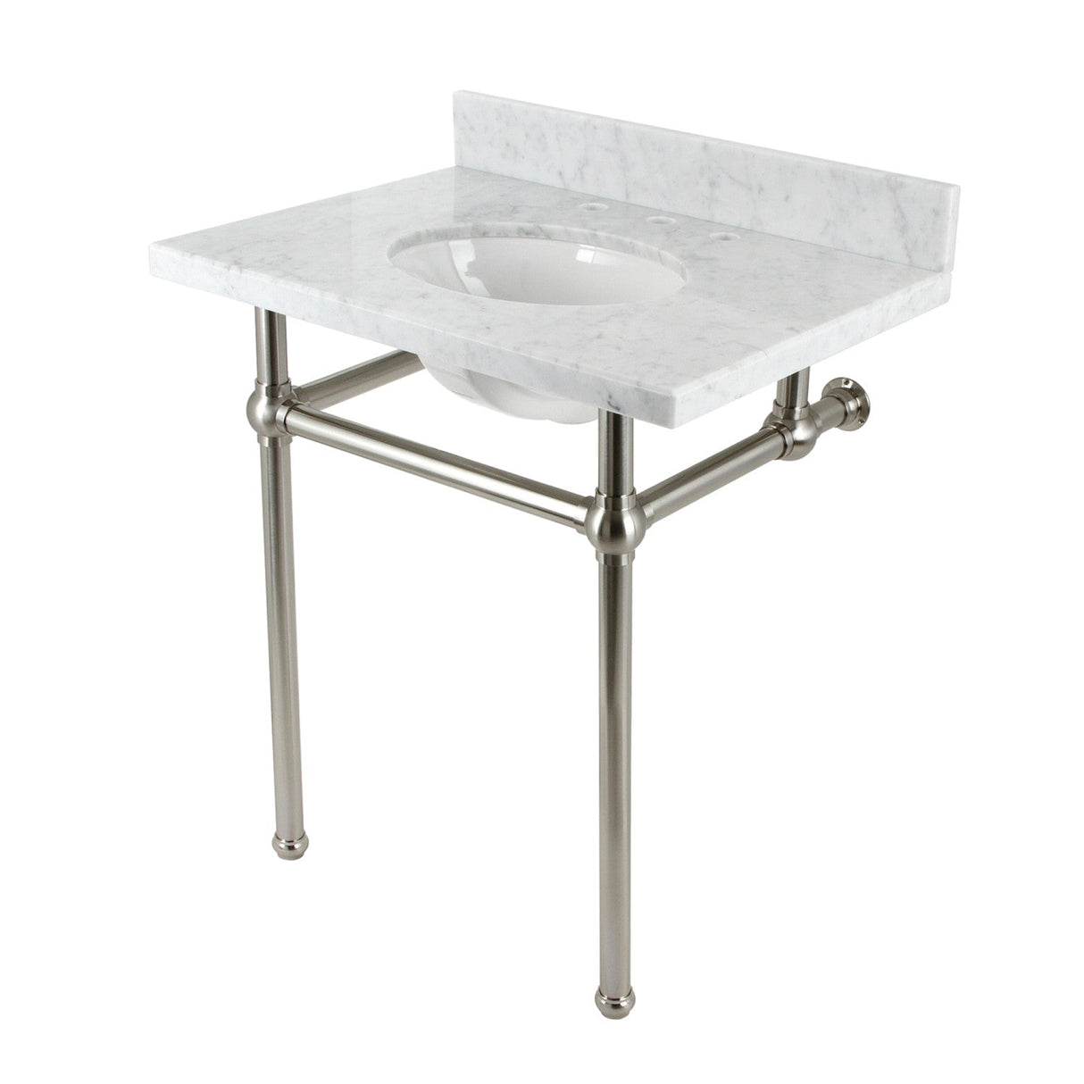 Fauceture KVBH3022M88 30-Inch Console Sink with Brass Legs (8-Inch, 3 Hole), Marble White/Brushed Nickel