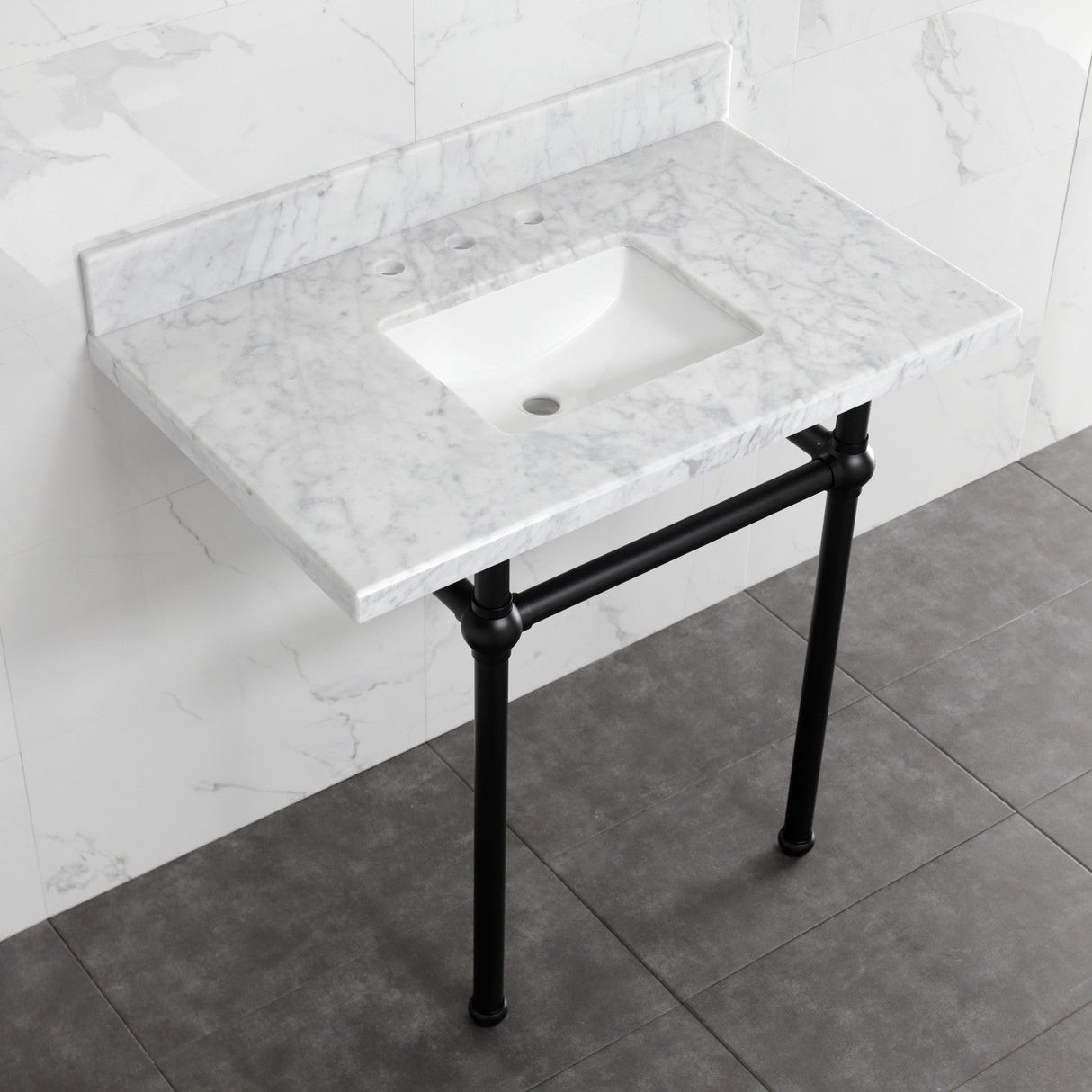 Fauceture KVBH3022M8SQ0 30-Inch Console Sink with Brass Legs (8-Inch, 3 Hole), Marble White/Matte Black