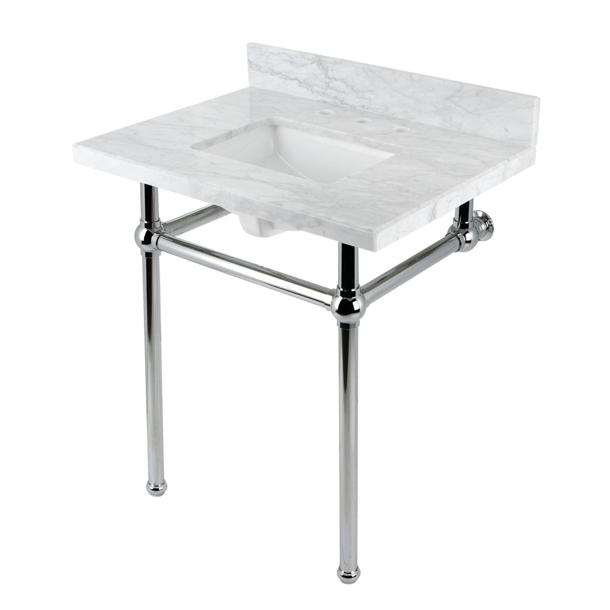 Fauceture KVBH3022M8SQ1 30-Inch Console Sink with Brass Legs (8-Inch, 3 Hole), Marble White/Polished Chrome