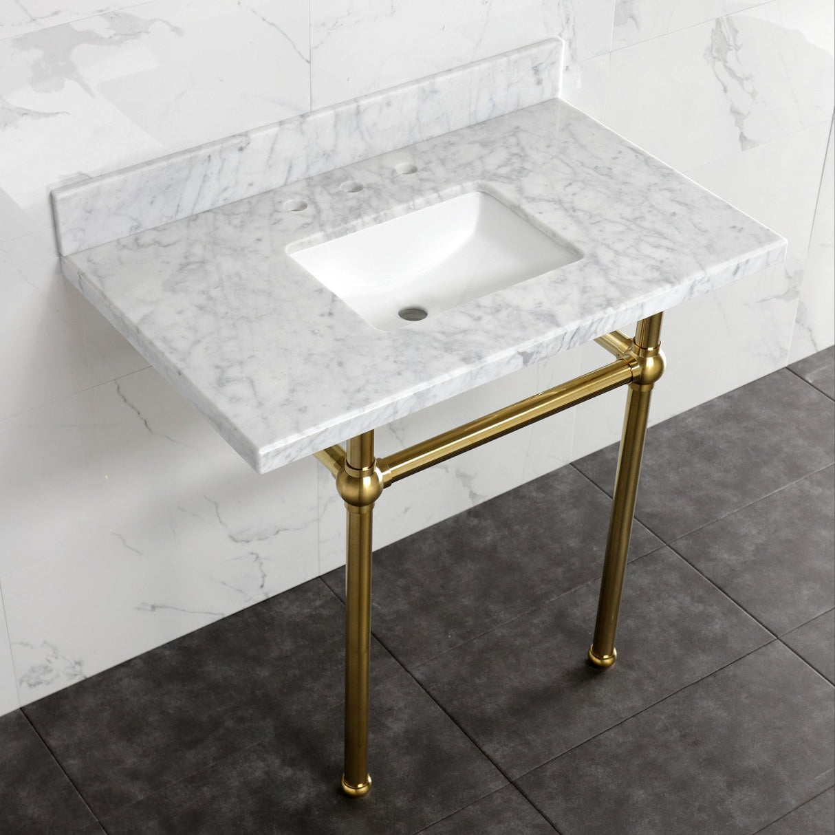 Fauceture KVBH3022M8SQ7 30-Inch Console Sink with Brass Legs (8-Inch, 3 Hole), Marble White/Brushed Brass