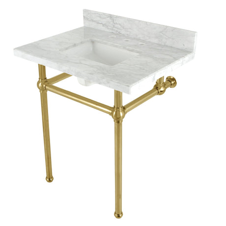 Fauceture KVBH3022M8SQ7 30-Inch Console Sink with Brass Legs (8-Inch, 3 Hole), Marble White/Brushed Brass