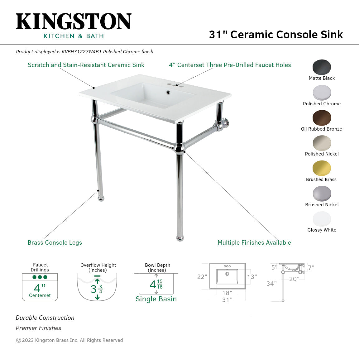 Fauceture KVBH31227W4B1 31-Inch Console Sink with Brass Legs (8-Inch, 3 Hole), White/Polished Chrome