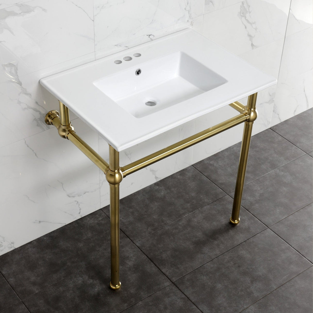 Fauceture KVBH31227W4B7 31-Inch Console Sink with Brass Legs (8-Inch, 3 Hole), White/Brushed Brass