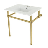 Fauceture KVBH31227W4B7 31-Inch Console Sink with Brass Legs (8-Inch, 3 Hole), White/Brushed Brass