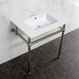 Fauceture KVBH31227W4B8 31-Inch Console Sink with Brass Legs (8-Inch, 3 Hole), White/Brushed Nickel