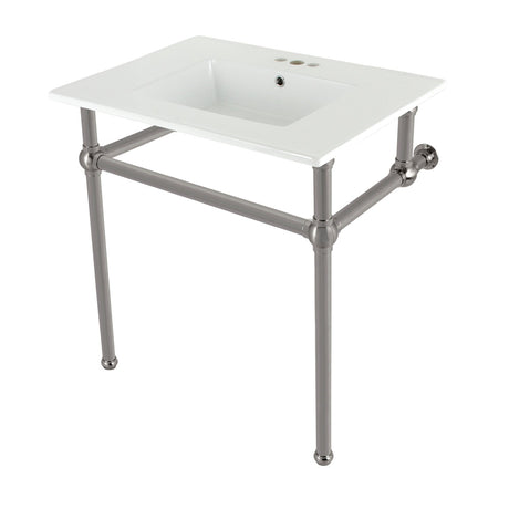 Fauceture KVBH31227W4B8 31-Inch Console Sink with Brass Legs (8-Inch, 3 Hole), White/Brushed Nickel