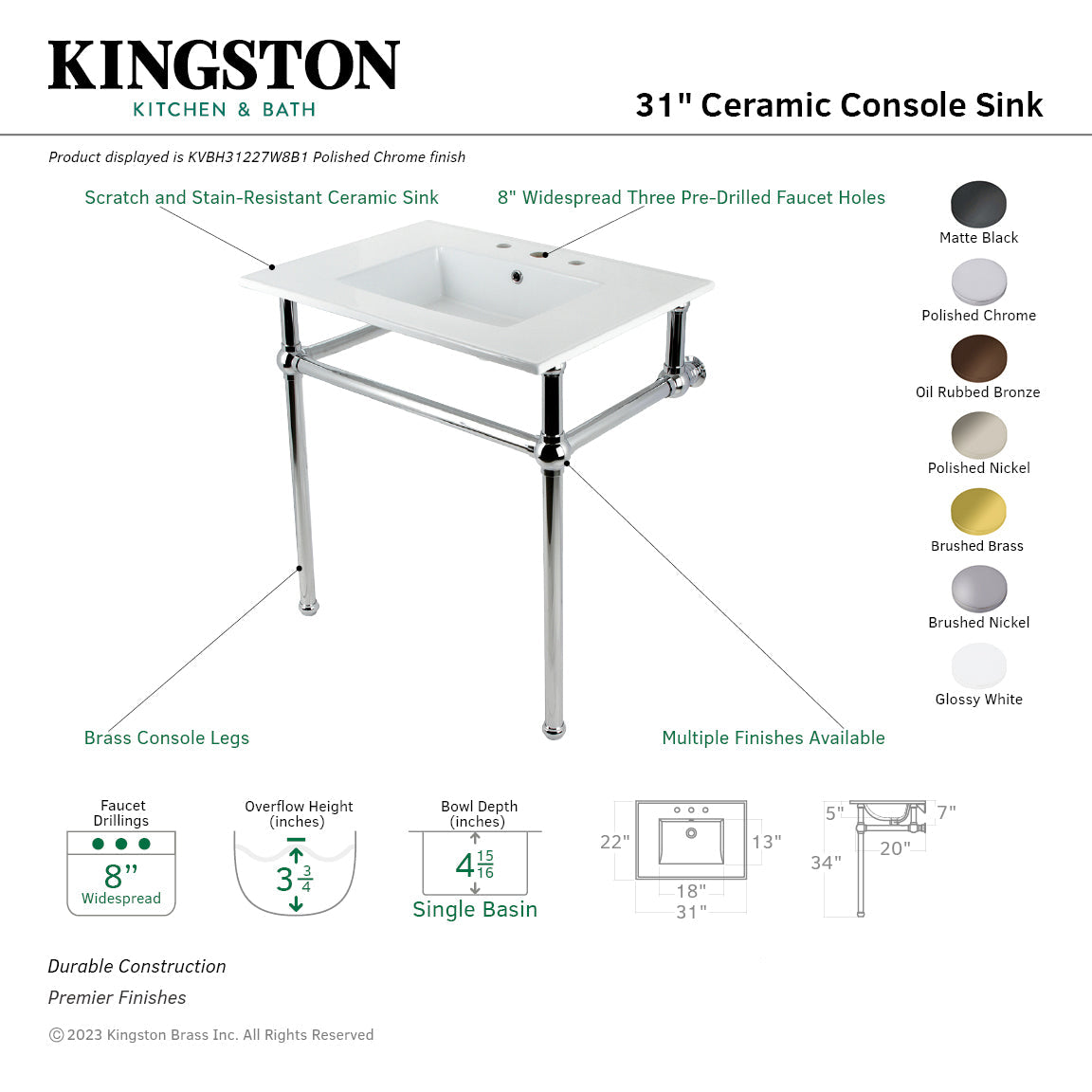 Fauceture KVBH31227W8B0 31-Inch Console Sink with Brass Legs (8-Inch, 3 Hole), White/Matte Black