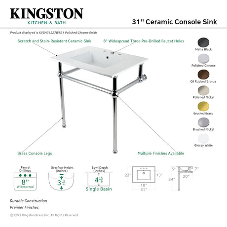 Fauceture KVBH31227W8B5 31-Inch Console Sink with Brass Legs (8-Inch, 3 Hole), White/Oil Rubbed Bronze