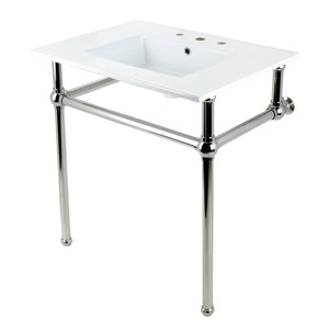 Fauceture KVBH31227W8B6 31-Inch Console Sink with Brass Legs (8-Inch, 3 Hole), White/Polished Nickel