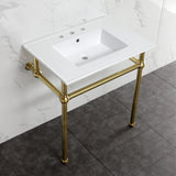 Fauceture KVBH31227W8B7 31-Inch Console Sink with Brass Legs (8-Inch, 3 Hole), White/Brushed Brass