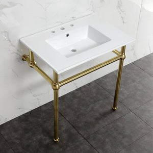 Fauceture KVBH31227W8B7 31-Inch Console Sink with Brass Legs (8-Inch, 3 Hole), White/Brushed Brass