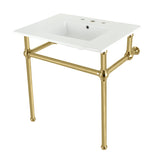 Fauceture KVBH31227W8B7 31-Inch Console Sink with Brass Legs (8-Inch, 3 Hole), White/Brushed Brass